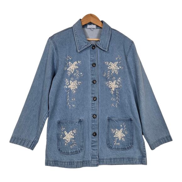 VTG Denim Jean Jacket Shacket Sz M Blue Silver Embroidery Pearls Pockets Boho - Picture 1 of 15